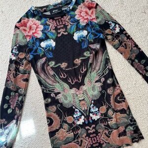 Nasty Gal Black Floral Dragon Mesh Long Sleeve Top